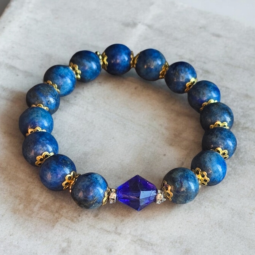 AAA Lapis Lazuli Bracelet | 10mm Beads with Faceted Blue Glass Center |